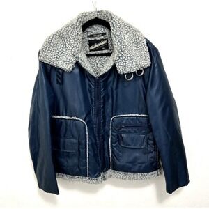 Rare Vintage 70s 1970s Cool Nylon Sherpa Lined Jacket Blue Windbreaker Sz 44 (L)